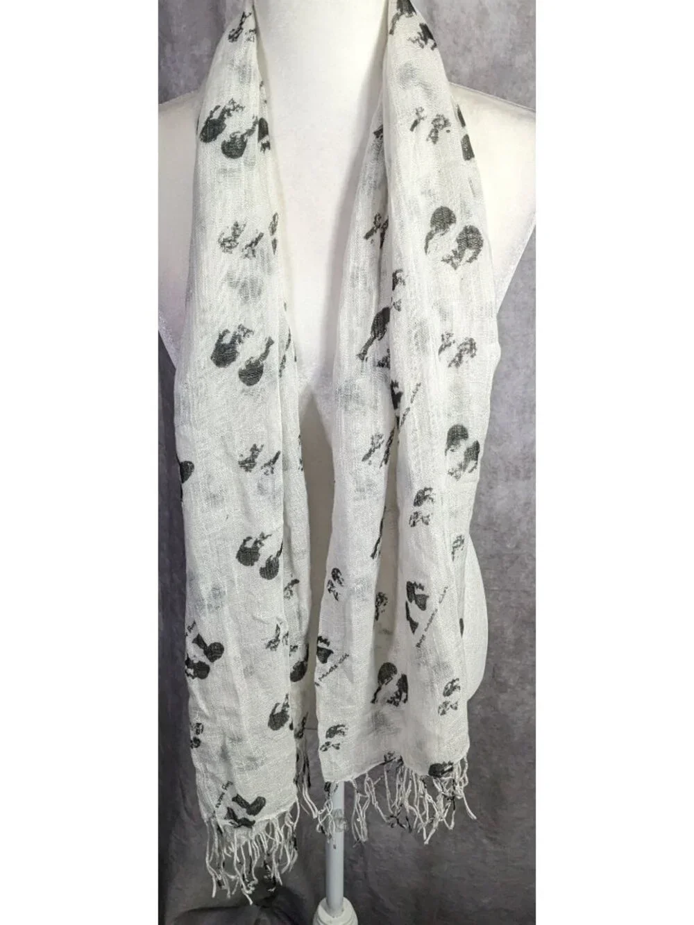 Boy Meets Girl Lightweight White Scarf With Black Silhouette Print & Fringe - Picture 7 of 8